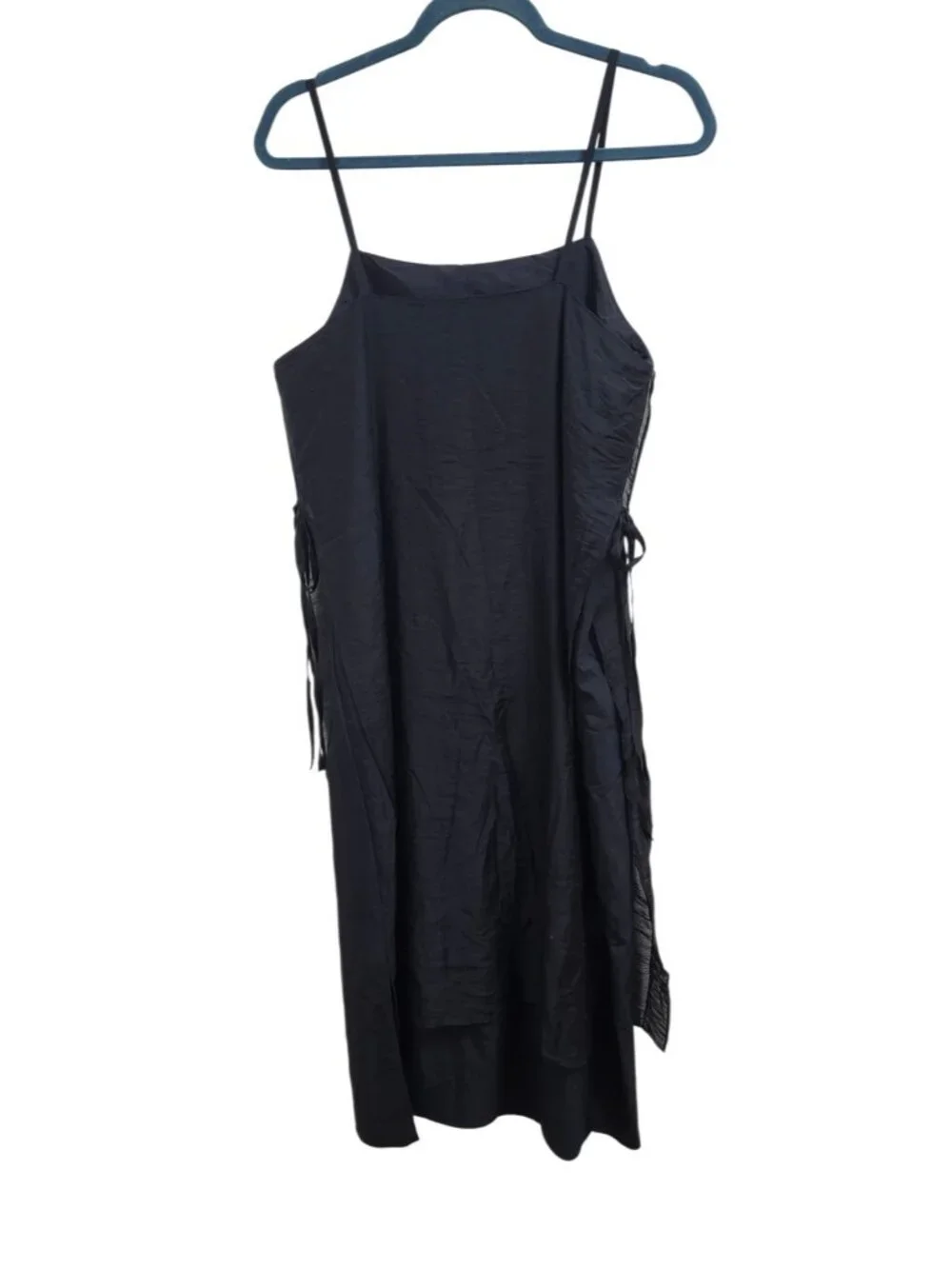 Monmouth Black Sheer Layered Midi Dress Side Tie Spaghetti Strap Minimalist S - Picture 5 of 9
